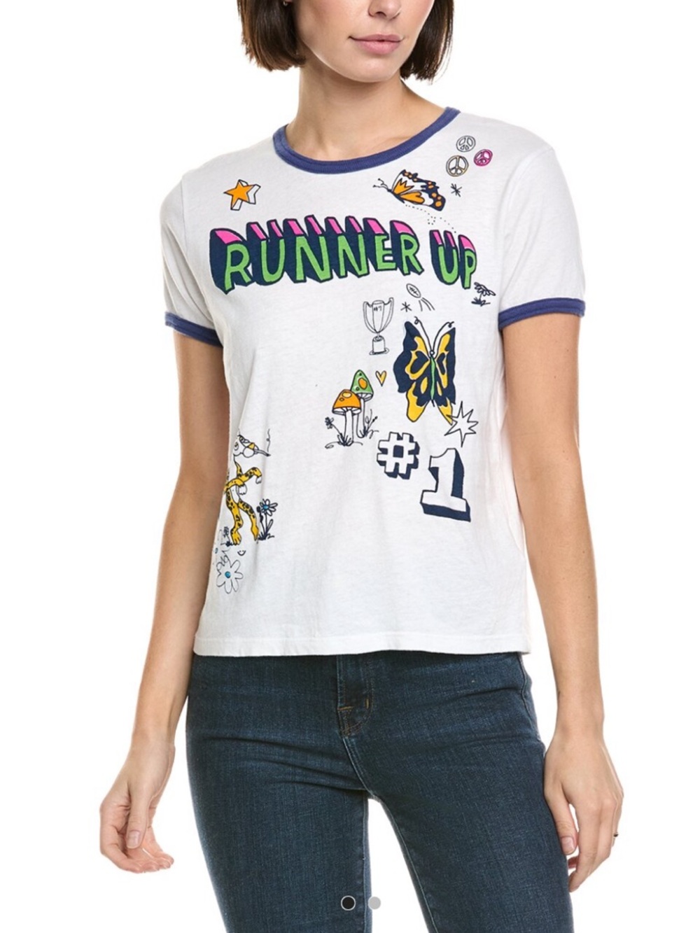 MOTHER White Graphic 'Runner Up' Ringer Tee with Blue Trim